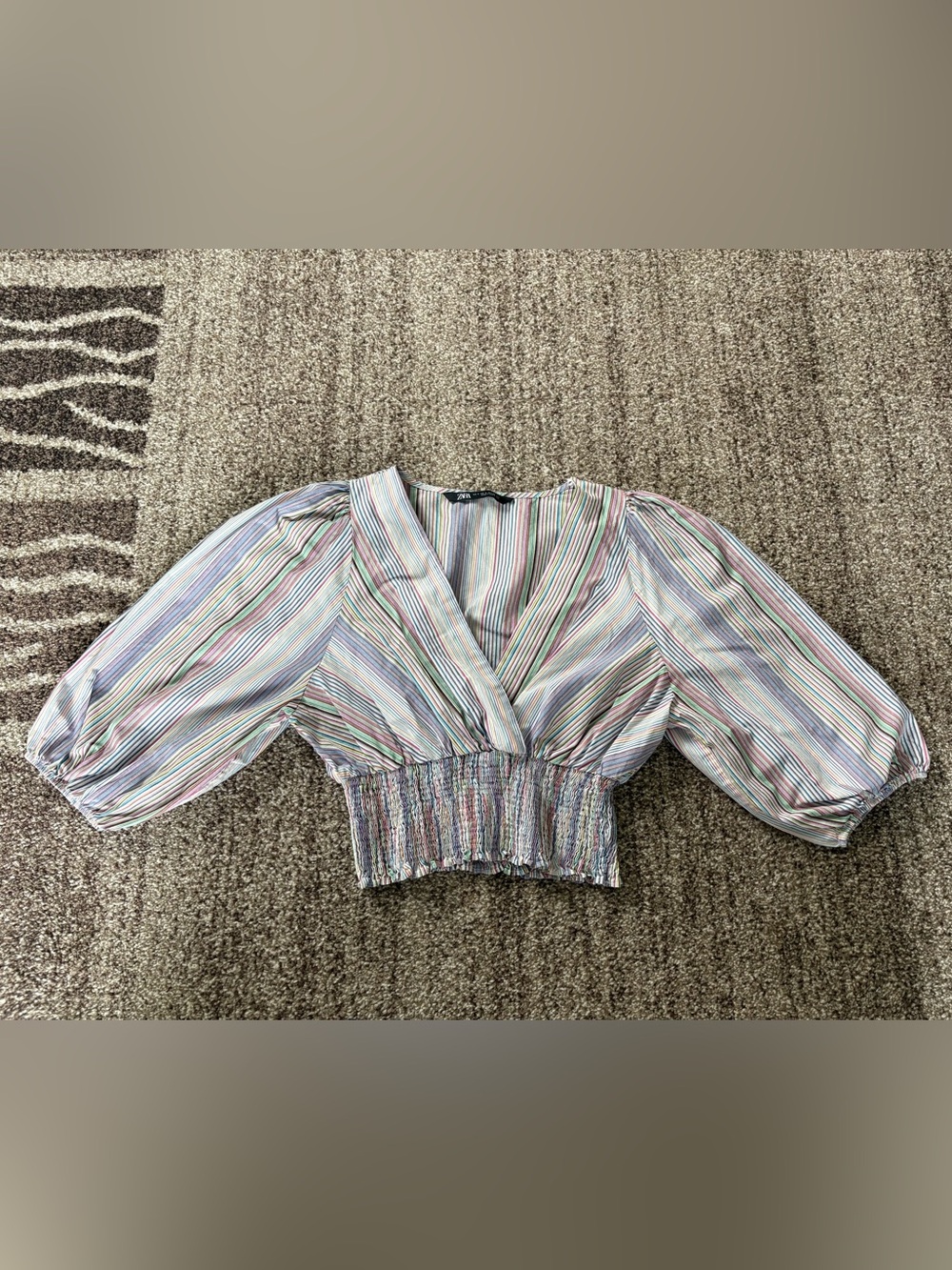 Zara 100% Cotton Rainbow Striped Balloon Sleeve Multicolor Crop Top Cute Small